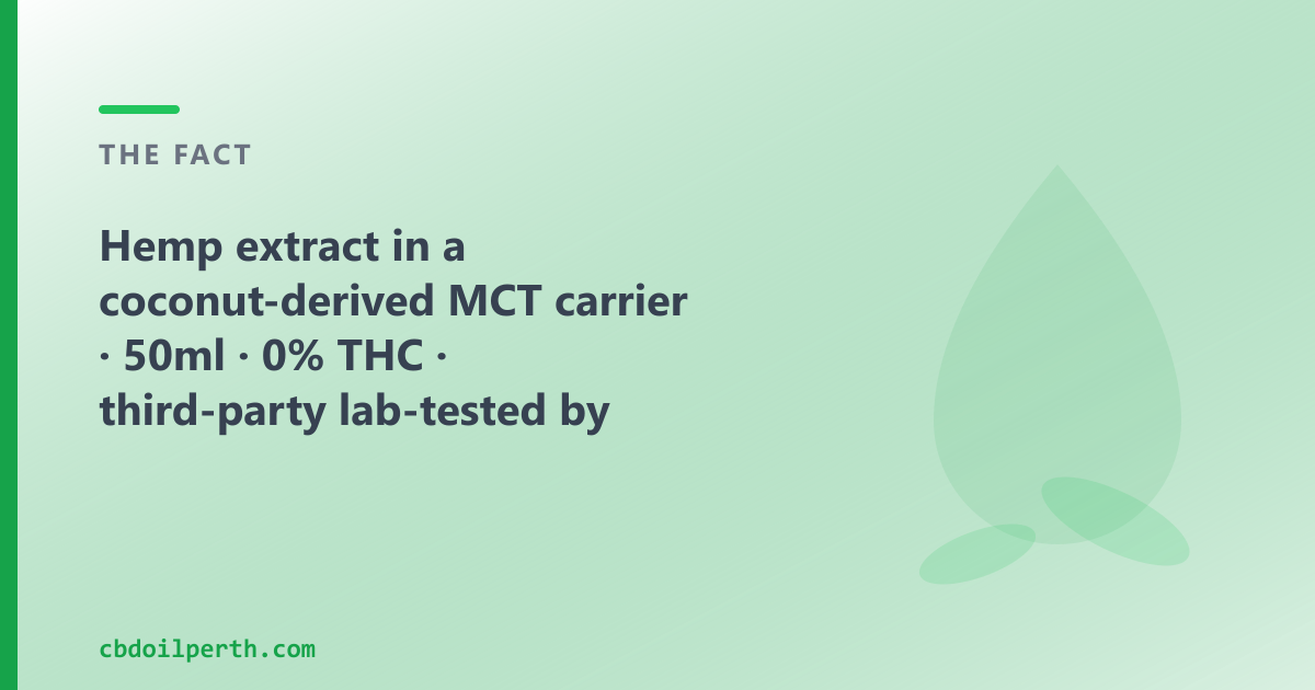 Hemp extract in a coconut-derived MCT carrier, 50ml, 0% THC, lab-tested by batch, across WA